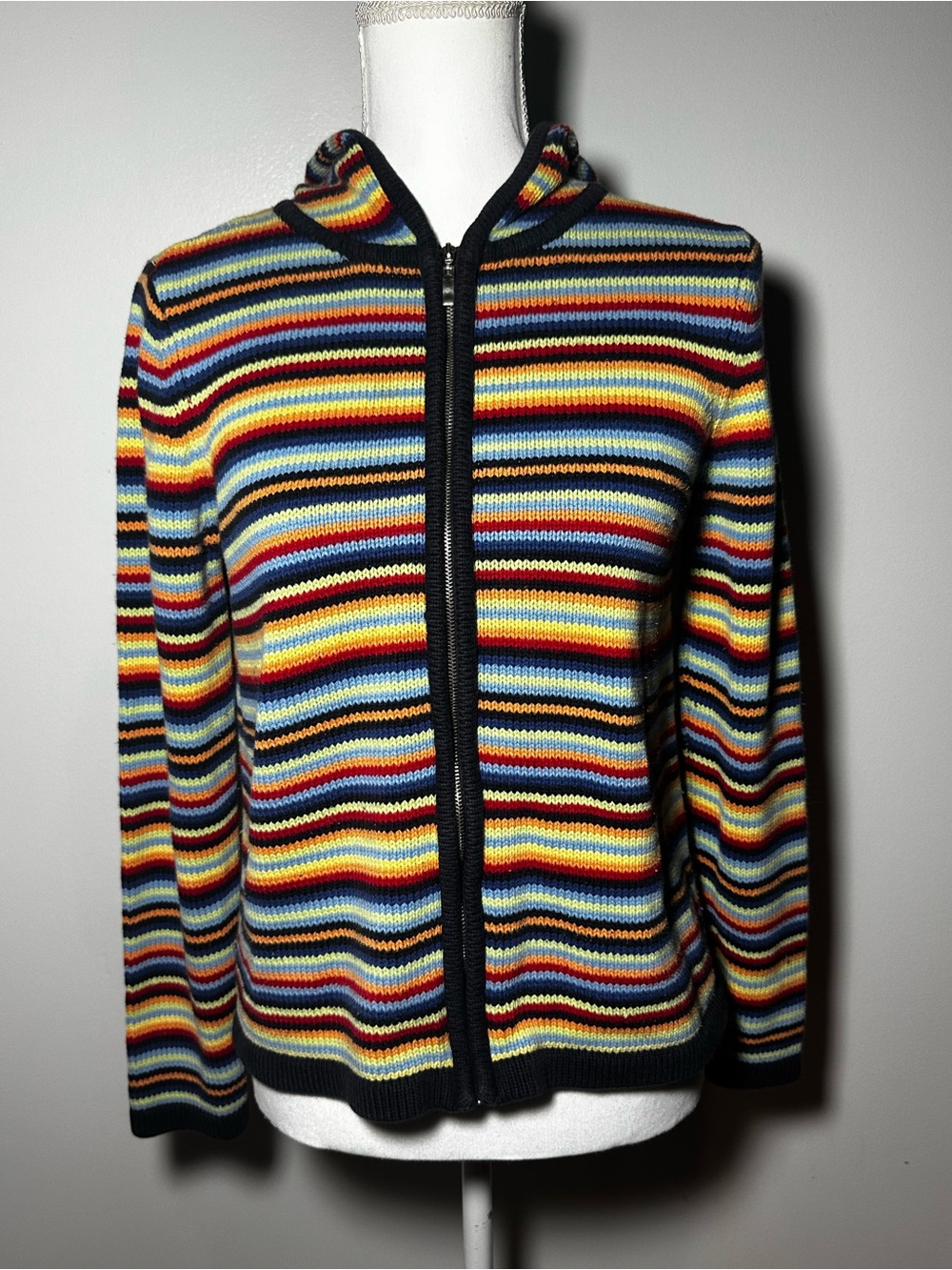 Liz Claiborne Vintage Multi-Color Striped Full Zip Hooded Cardigan Knit Sweater